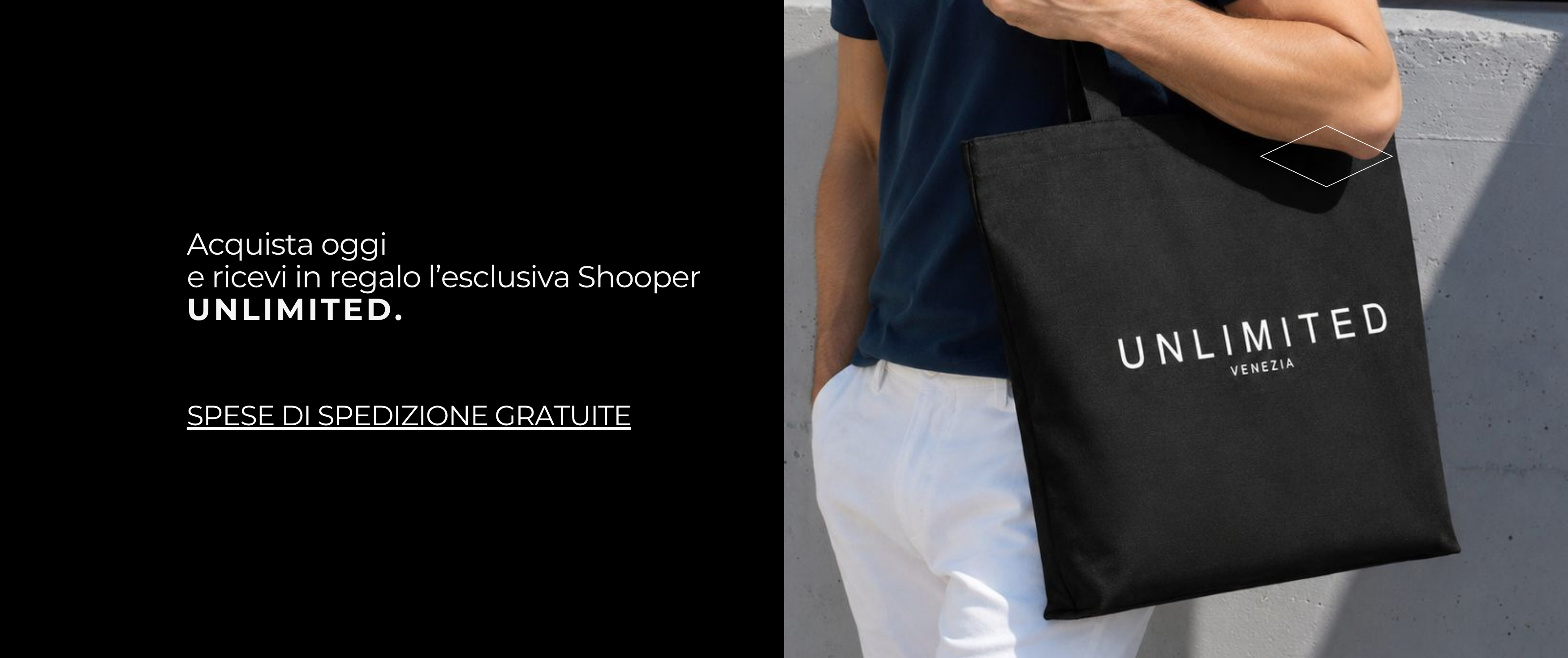 Shopper nero Unlimited Venezia con logo bianco, regalo acquisto abbigliamento uomo