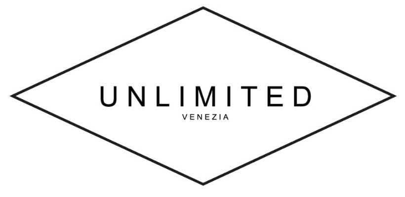 Logo Unlimited Venezia in rombo nero su bianco, design veneziano elegante