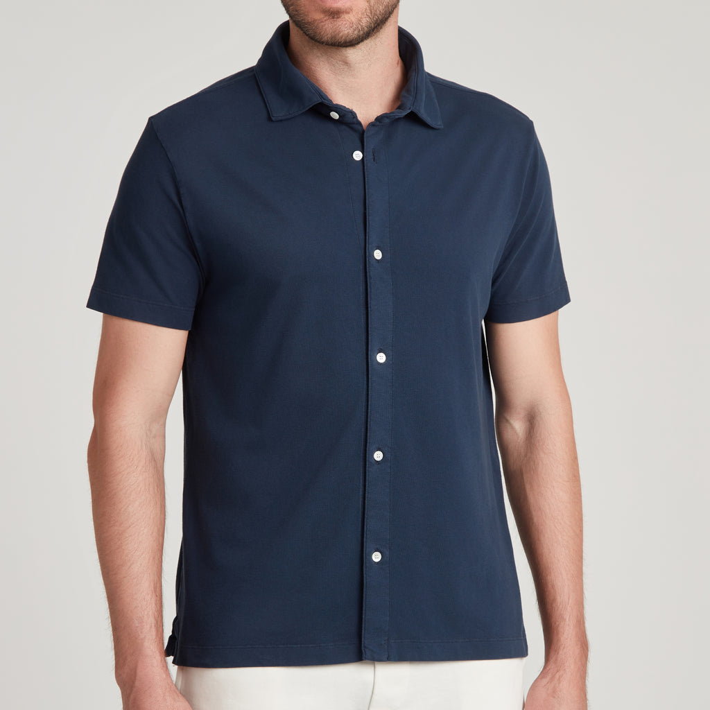 Polo uomo blu navy in micro piquet tinta in capo, design veneziano, manifattura italiana, comfort premium