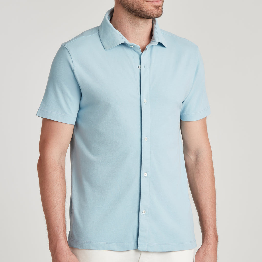 Camicia uomo in micro piquet tinta in capo, design veneziano, manica corta, colore azzurro chiaro