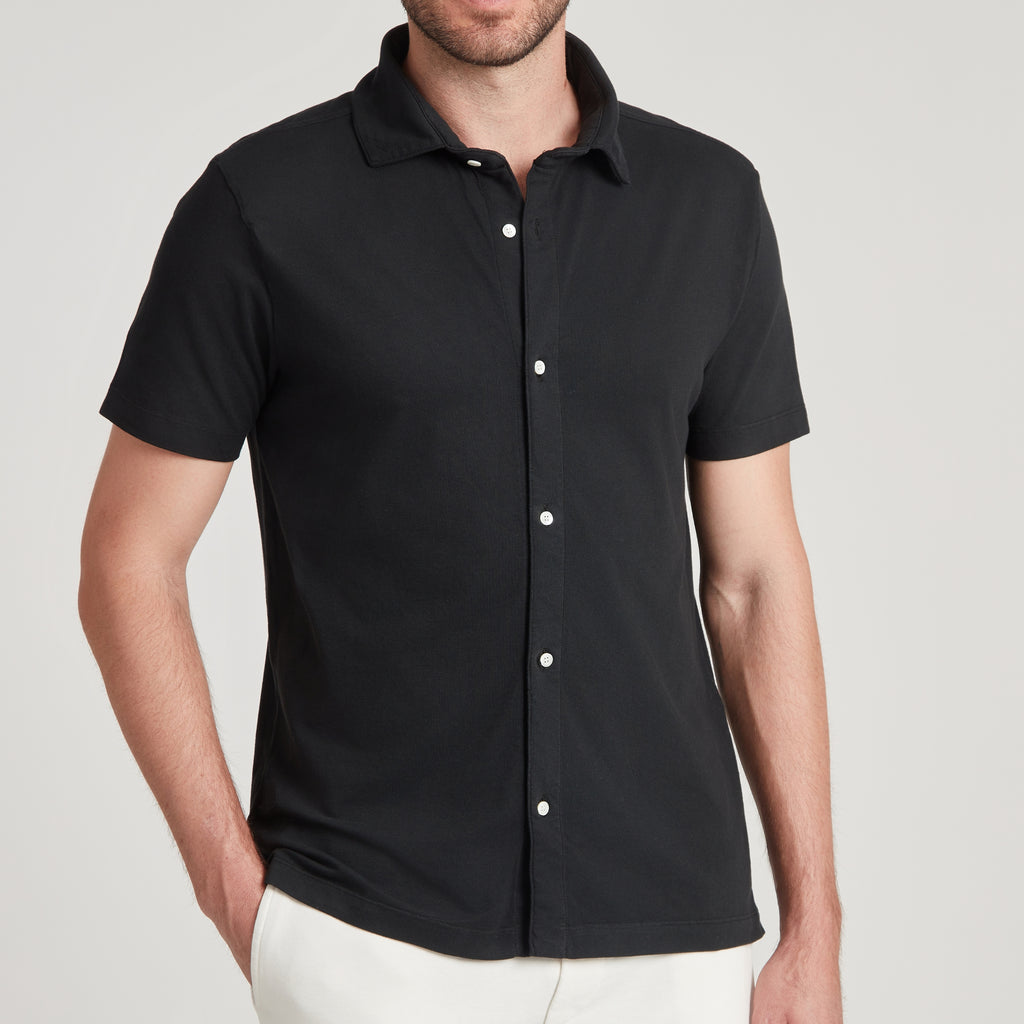 Polo uomo nero in micro piquet tinta in capo, design veneziano, manifattura italiana, comfort premium