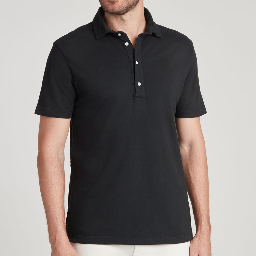 Polo uomo nero in micro piquet tinta in capo, design veneziano, manifattura italiana