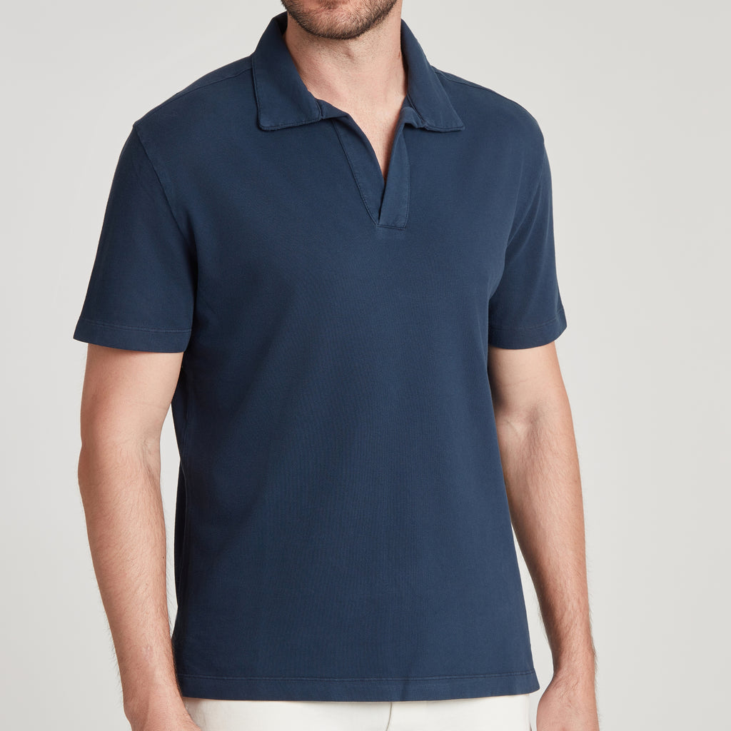 Polo uomo blu navy in micro piquet tinta in capo, design veneziano, manifattura italiana