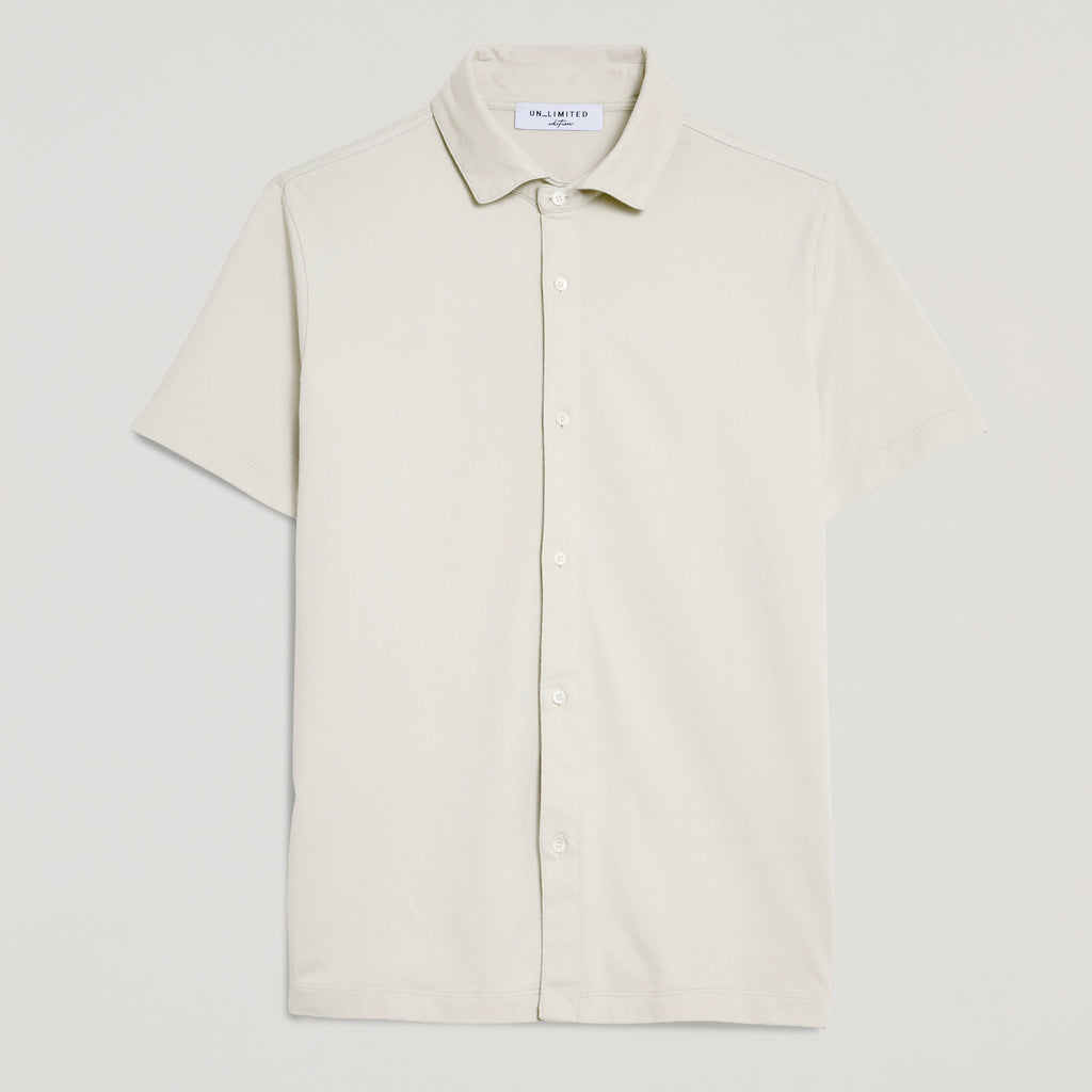 Camicia uomo in micro piquet tinta in capo, design veneziano, manica corta, colore crema