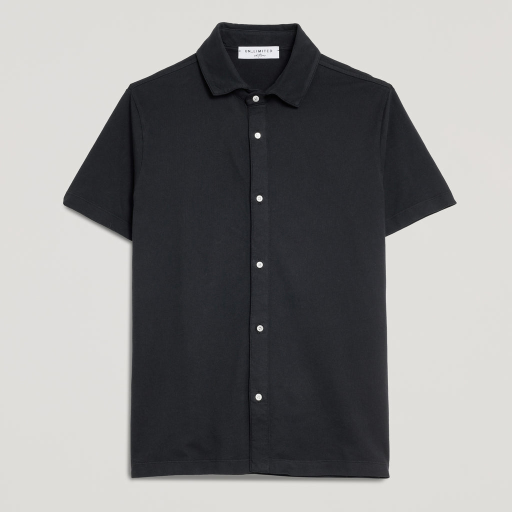 Camicia polo nera uomo in micro piquet, manica corta, bottoni bianchi, design veneziano e manifattura italiana