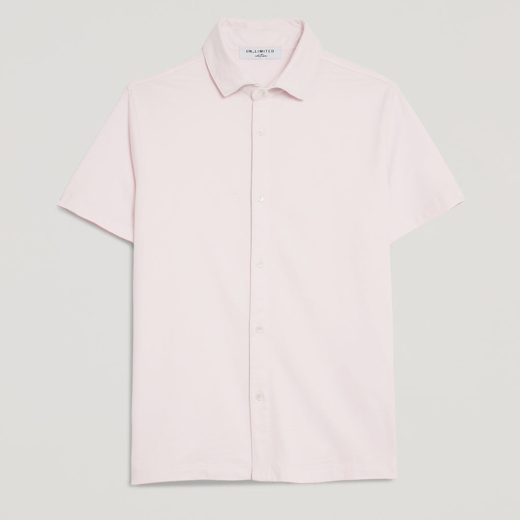 Camicia uomo rosa in micro piquet tinta in capo, design veneziano, manica corta, bottoni frontali